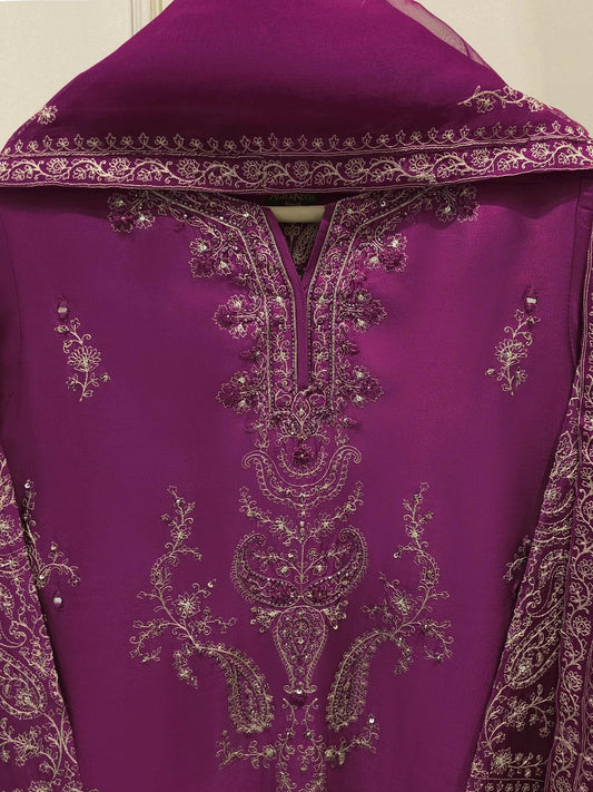 Agha Noor 3 Piece Pure Embroidered Sheesha Silk Suit - Dark Purple