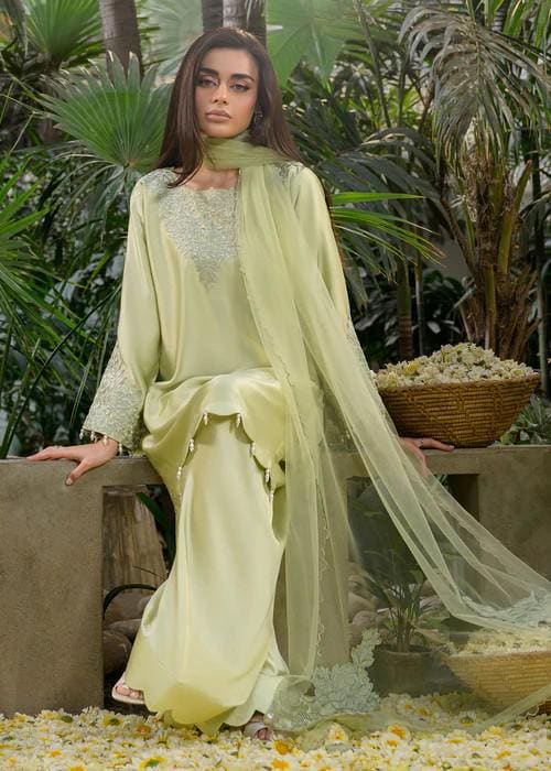 3 Piece Embroidered Charmeuse Silk Suit - Sage Green
