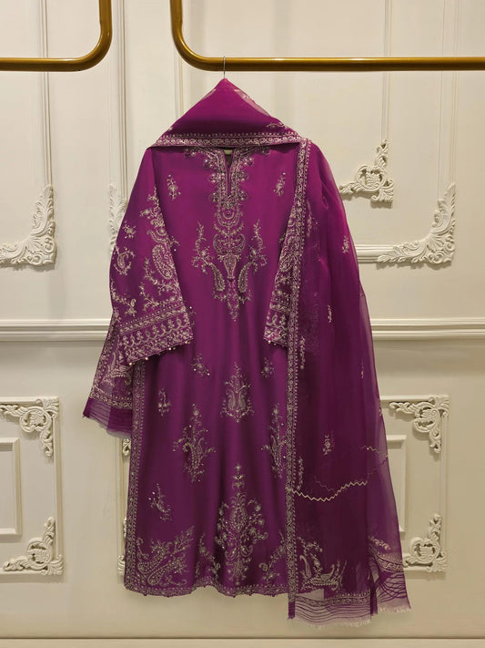 Agha Noor 3 Piece Pure Embroidered Sheesha Silk Suit - Dark Purple