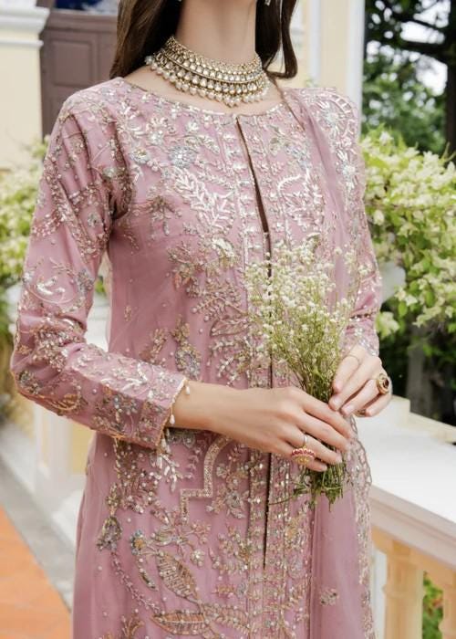 3 Piece Embroidered Long Kurta Lehenga Suit - Tea Rose Pink