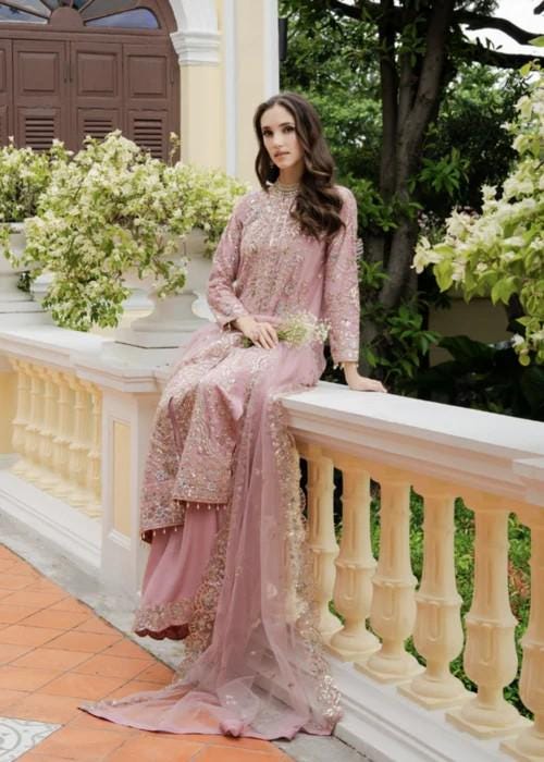 3 Piece Embroidered Long Kurta Lehenga Suit - Tea Rose Pink