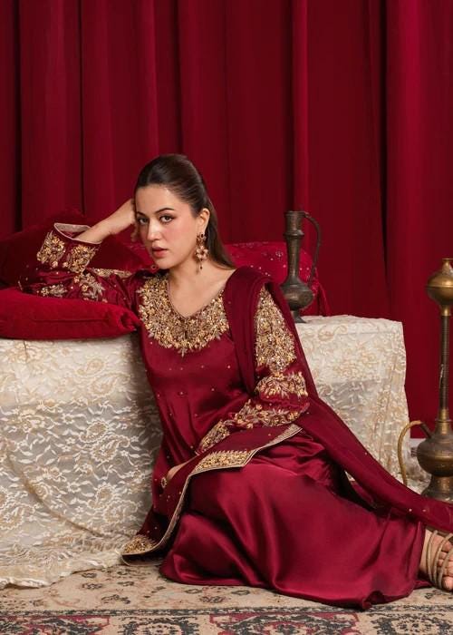 3 Piece Charmeuse Silk Embroidered Sharara Suit