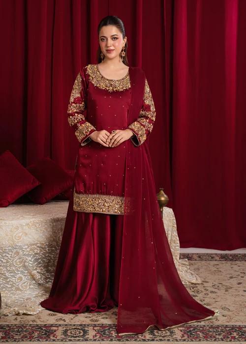 3 Piece Charmeuse Silk Embroidered Sharara Suit