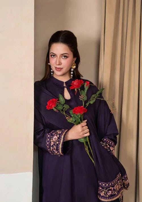 Raw Silk Farshi Shalwar Suit - Deep Purple - 3 Piece - Chiffon Dupatta