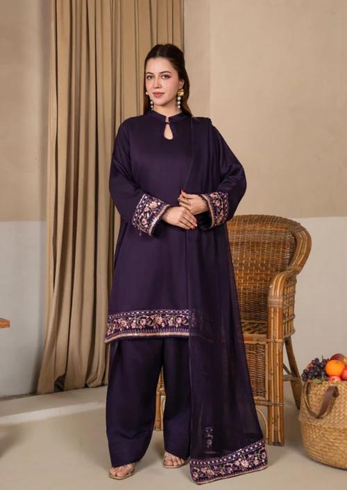 Raw Silk Farshi Shalwar Suit - Deep Purple - 3 Piece - Chiffon Dupatta