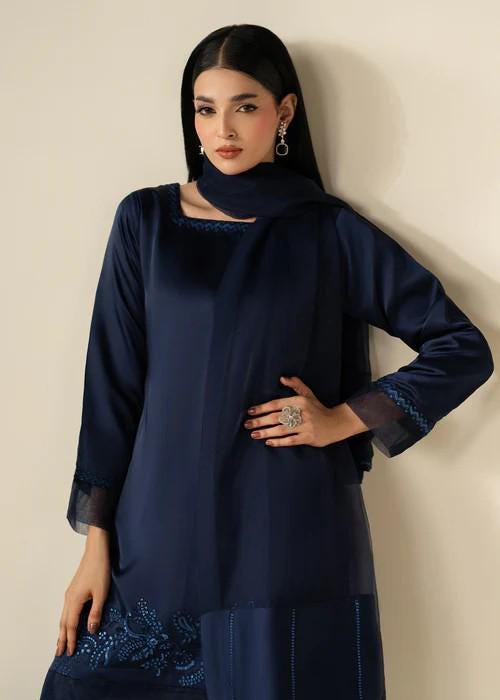 3 Piece Charmeuse Silk Embroidered Palazzo Suit - Navy Blue