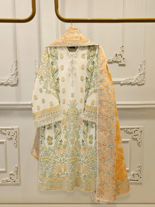 Agha Noor 3 Piece Digital Printed Embroidered Summer Lawn Suit - Charmeuse Silk Dupatta
