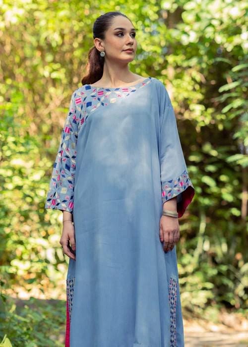 Embroidered Blue Viscose Kaftan Dress - Size Small