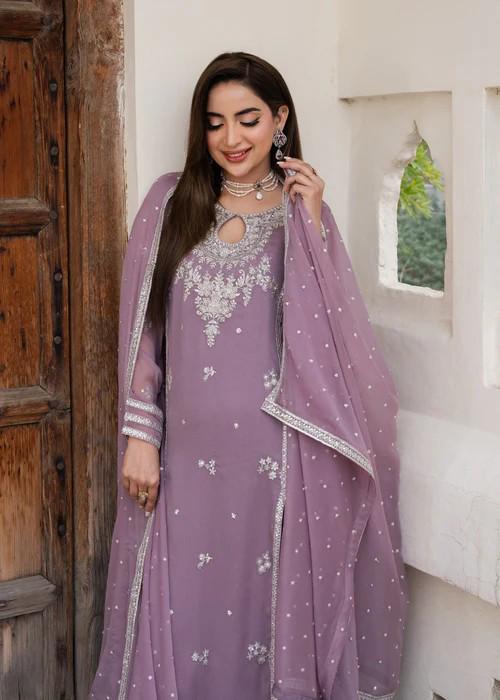 Embroidered Chiffon Pishwas Suit - 3 Piece - Lilac