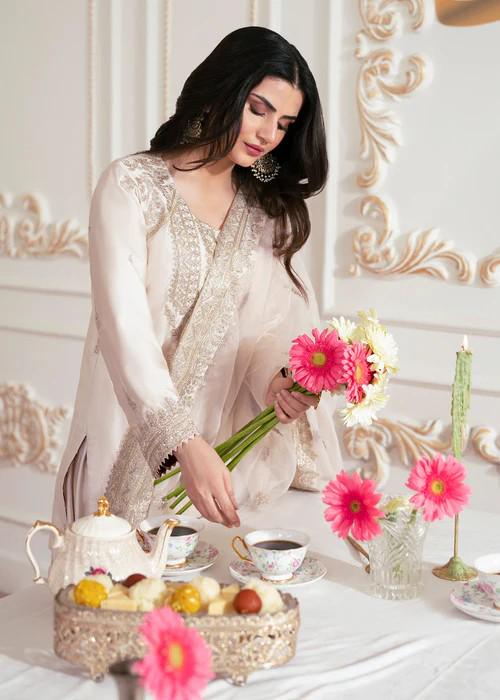 3 Piece Silk / Chiffon Embroidered Sharara Suit - Ivory