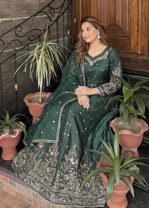 3 Piece Embroidered Silk Maxi Dress - Dark Green