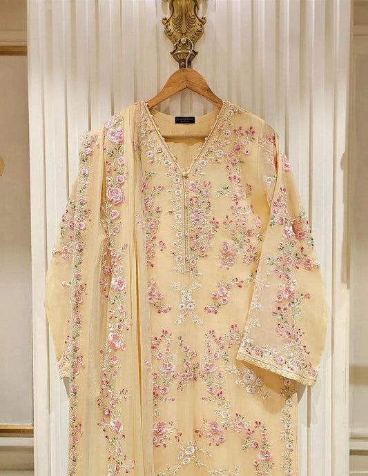 Agha Noor 3 Piece - Embroidered Chiffon Suit - Light Yellow