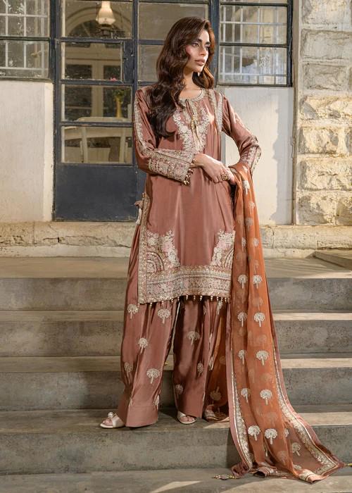 3 Piece Embroidered Charmeuse Silk Suit - Cinnamon Brown