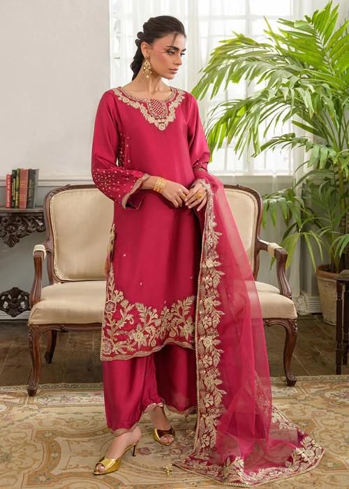 3 Piece Embroidered Charmeuse Silk Suit - Raspberry Pink