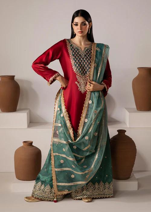 3 Piece Lava Silk Embroidered Sharara Suit