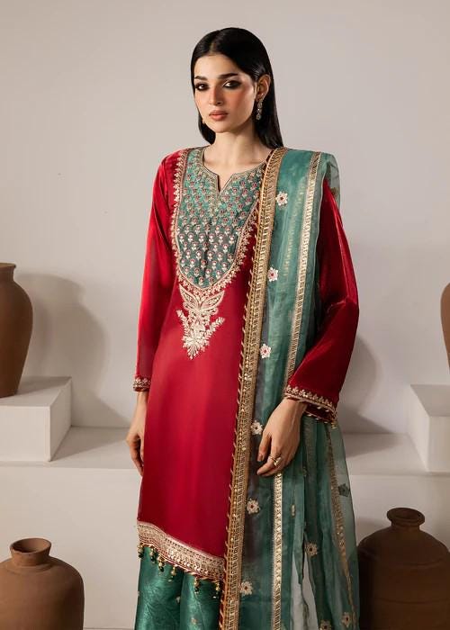 3 Piece Lava Silk Embroidered Sharara Suit