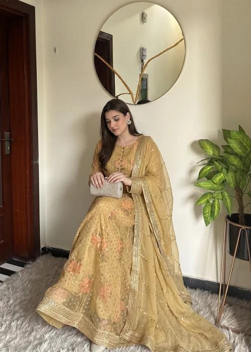 Embroidered Chiffon Pishwas Maxi Suit - Mustard