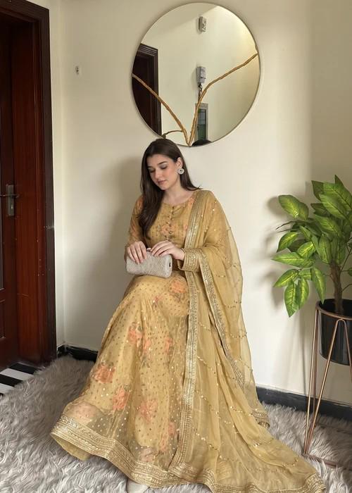 Embroidered Chiffon Maxi Suit - Mustard - 3 Piece