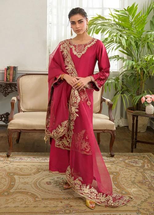 3 Piece Embroidered Charmeuse Silk Suit - Raspberry Pink