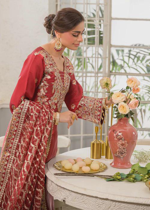 3 Piece Embroidered Charmeuse Silk Suit - Crimson Red