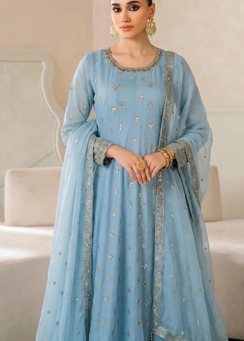 3 Piece Embroidered Chiffon Maxi Suit - Ice Blue