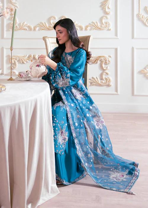 3 Piece Charmeuse Silk Embroidered Palazzo Suit - Steel Blue