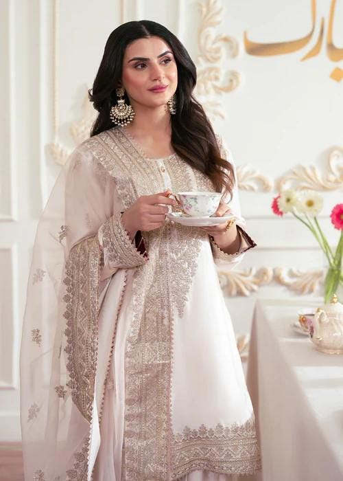 3 Piece Silk / Chiffon Embroidered Sharara Suit - Ivory
