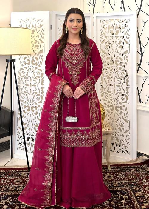 Embroidered Chiffon Sharara - Magenta
