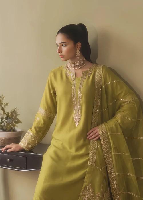 3 Piece Embellished Silk Palazzo Suit - Apple Green