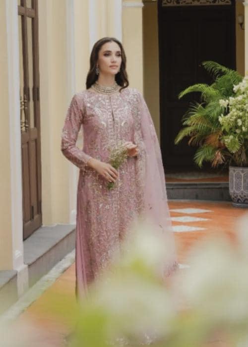 3 Piece Embroidered Long Kurta Lehenga Suit - Tea Rose Pink