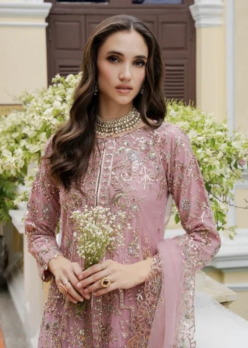 3 Piece Embroidered Long Kurta Lehenga Suit - Tea Rose Pink