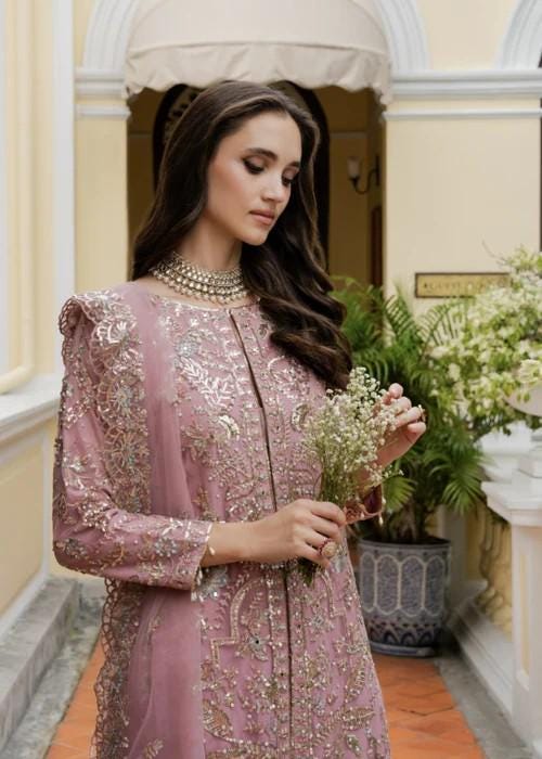 3 Piece Embroidered Long Kurta Lehenga Suit - Tea Rose Pink