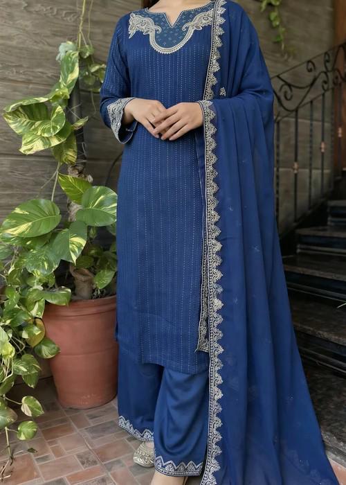 Embroidered Chiffon and Raw Silk Palazzo Long Kurta Suit - Cobalt Blue