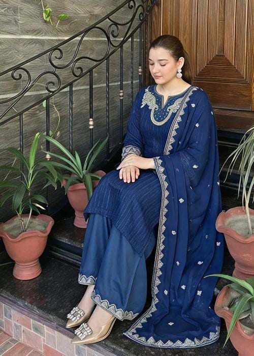 Embroidered Chiffon and Raw Silk Palazzo Long Kurta Suit - Cobalt Blue