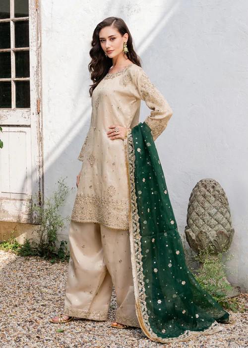 3 Piece - Embroidered Charmeuse Silk Farshi Shalwar Suit - Beige - Emerald Green