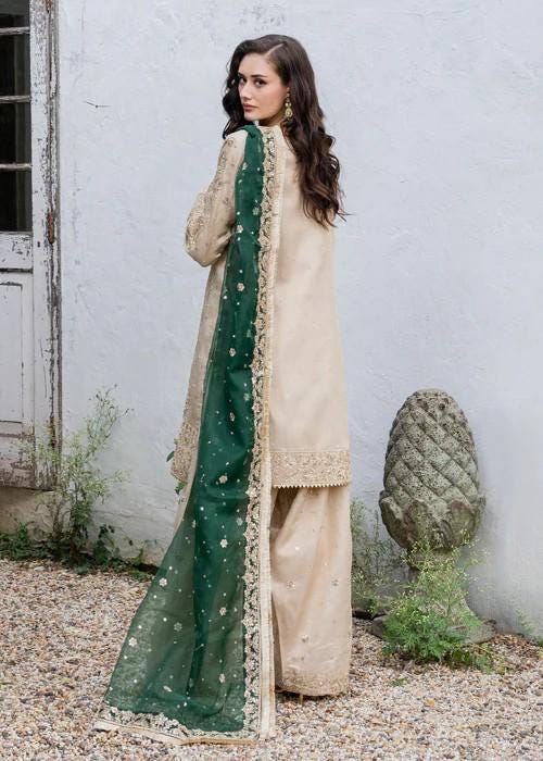 3 Piece - Embroidered Charmeuse Silk Farshi Shalwar Suit - Beige - Emerald Green