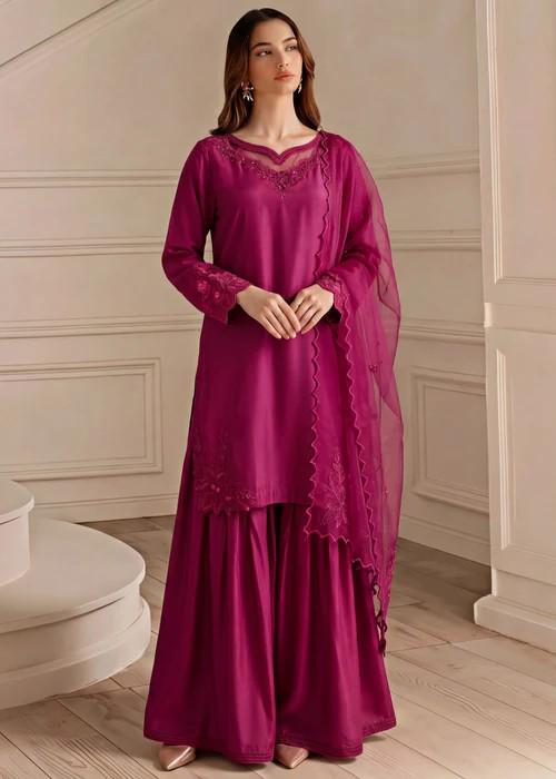 3 Piece Silk Sharara Suit - Magenta