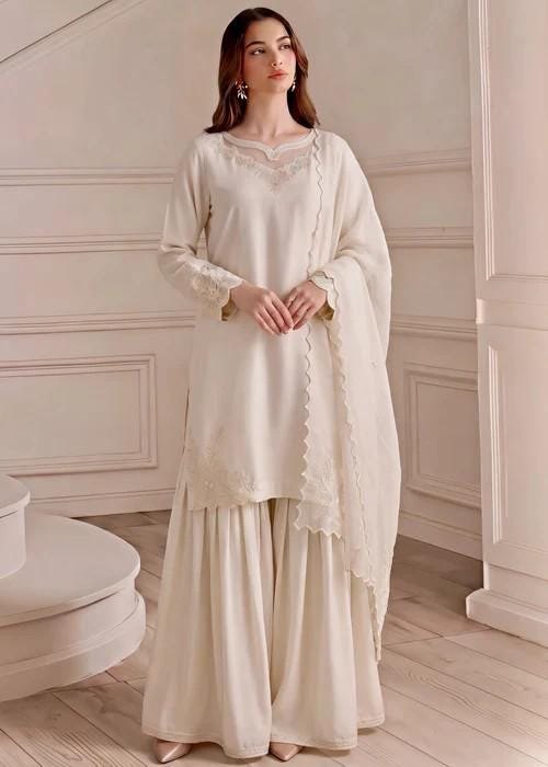 3 Piece Silk Sharara Suit - Off White