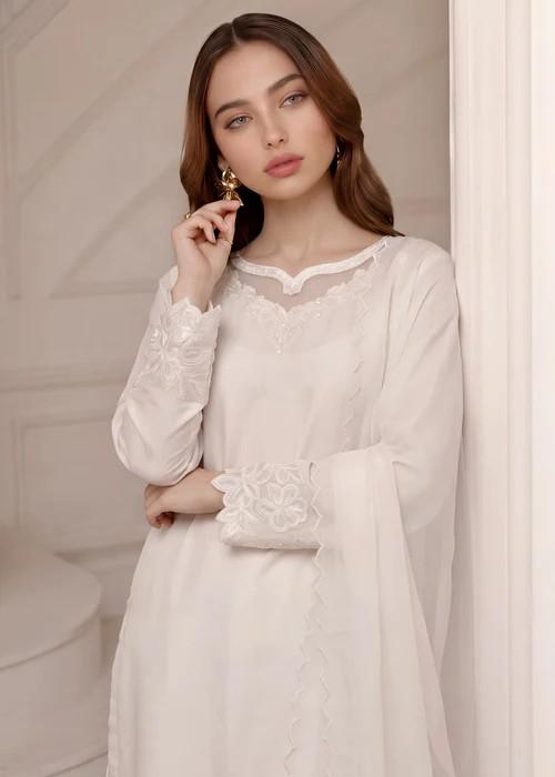 3 Piece Silk Sharara Suit - Off White