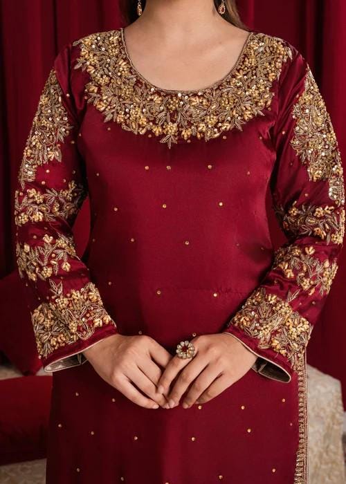 3 Piece Charmeuse Silk Embroidered Sharara Suit