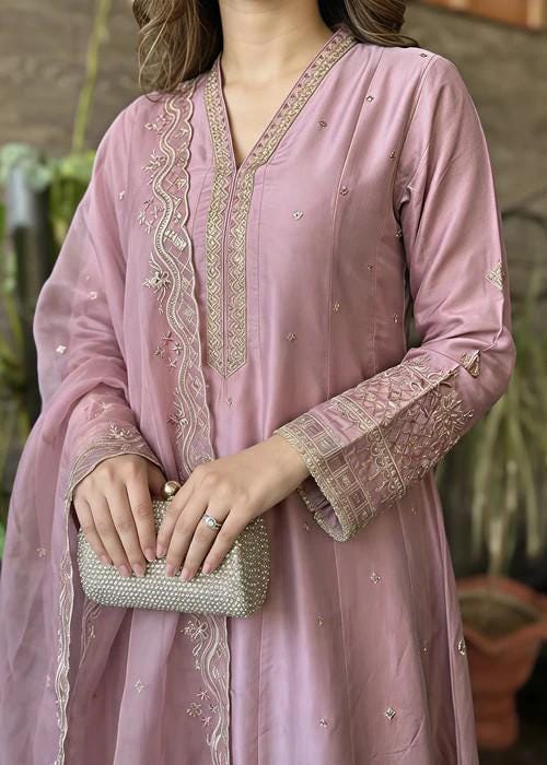 3 Piece Embroidered Silk Maxi Dress - Lilac
