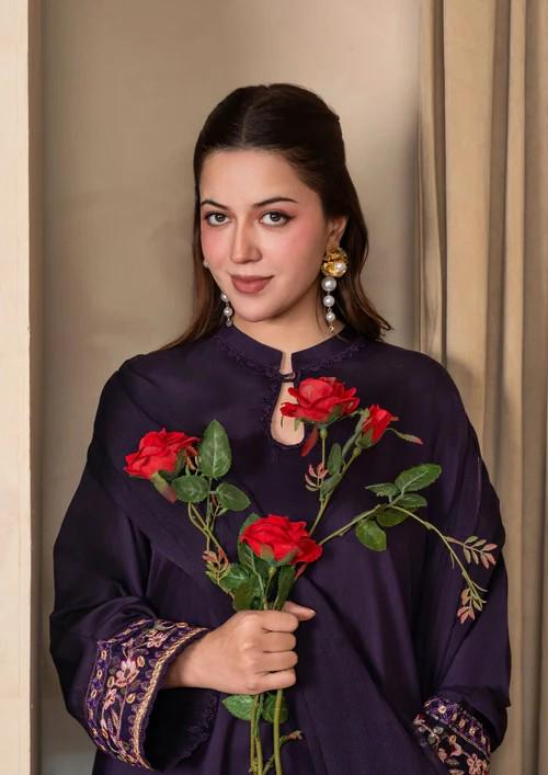 Raw Silk Farshi Shalwar Suit - Deep Purple - 3 Piece - Chiffon Dupatta