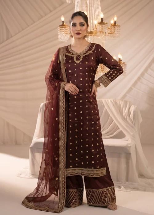 3 Piece Embroidered Chiffon Kurta Set With Raw Silk Trousers - Maroon