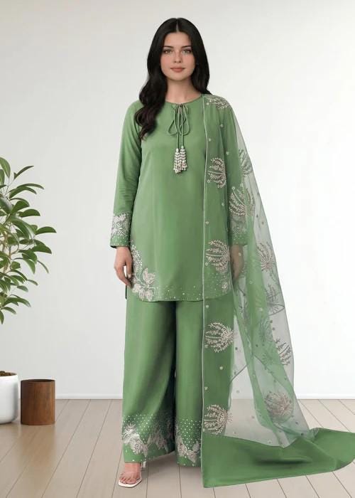 3 piece - Embroidered Summer Cotton Kurta Shalwar Suit - Jade Green