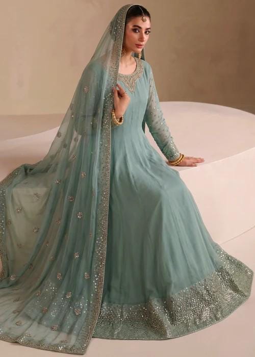 3 Piece Embroidered Chiffon Maxi Suit - Moss Green
