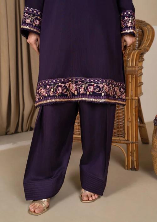 Raw Silk Farshi Shalwar Suit - Deep Purple - 3 Piece - Chiffon Dupatta