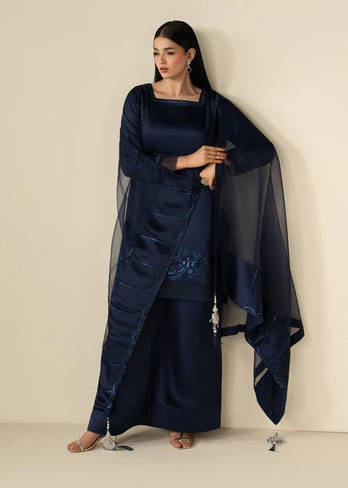 3 Piece Charmeuse Silk Embroidered Palazzo Suit - Navy Blue