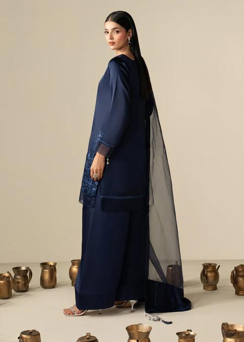 3 Piece Charmeuse Silk Embroidered Palazzo Suit - Navy Blue