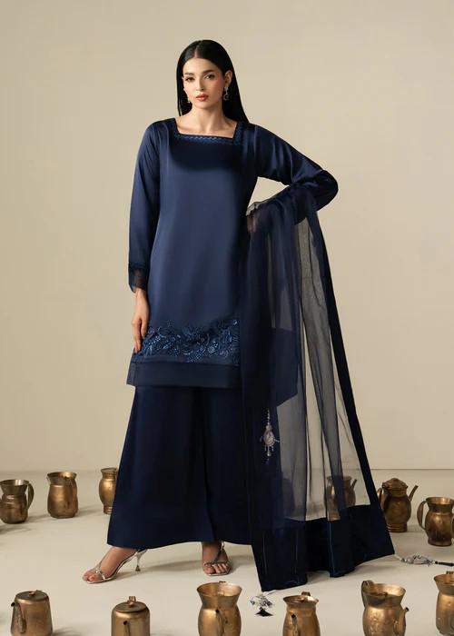 3 Piece Charmeuse Silk Embroidered Palazzo Suit - Navy Blue