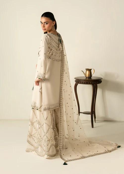 3 Piece Charmeuse Silk / Chiffon Embroidered Sharara Suit - Ivory
